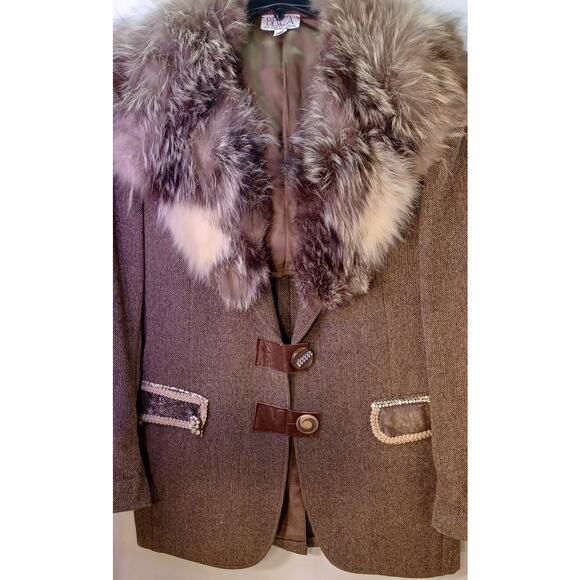 VTG 60s/70s Becca Wool Tweed Jacket Large Brown Coat with Fur Collar - Picture 3 of 9